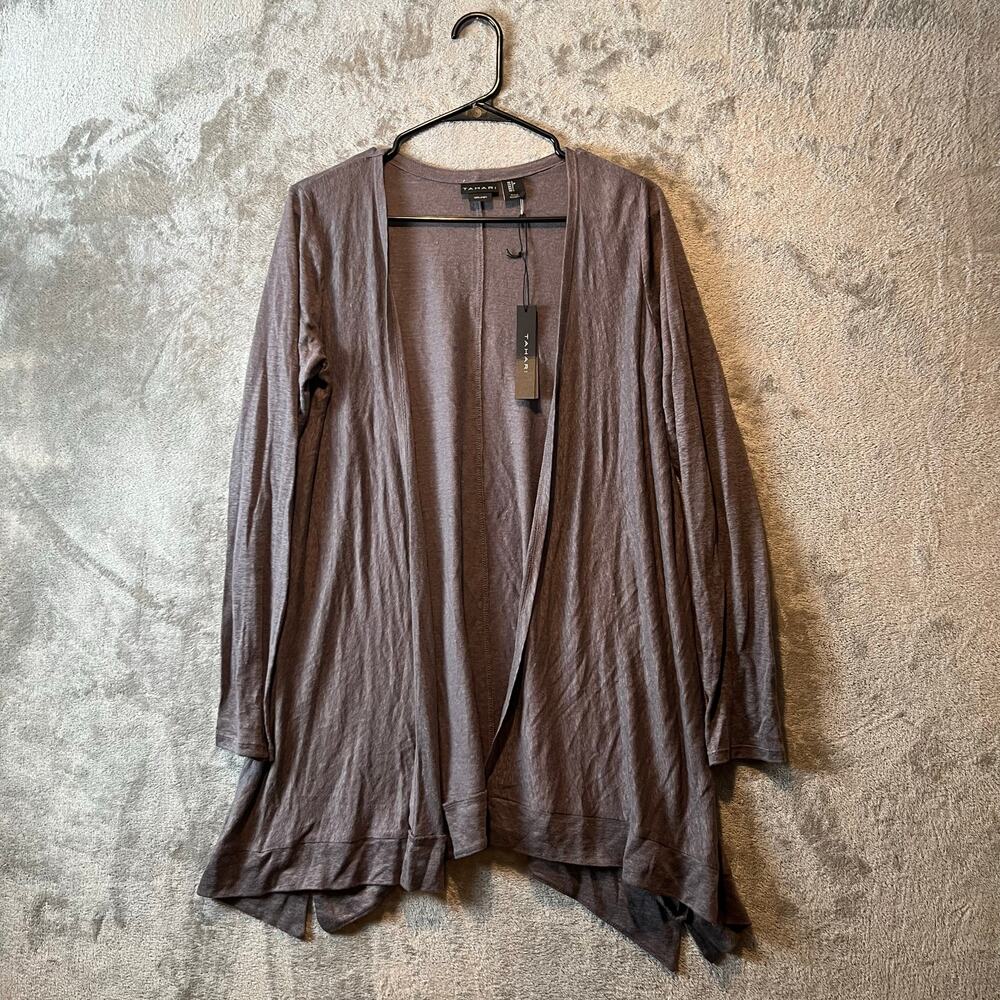 Tahari 100% Linen Long Sleeve Open Cardigan Gray Low Side Slits‎ Small New
